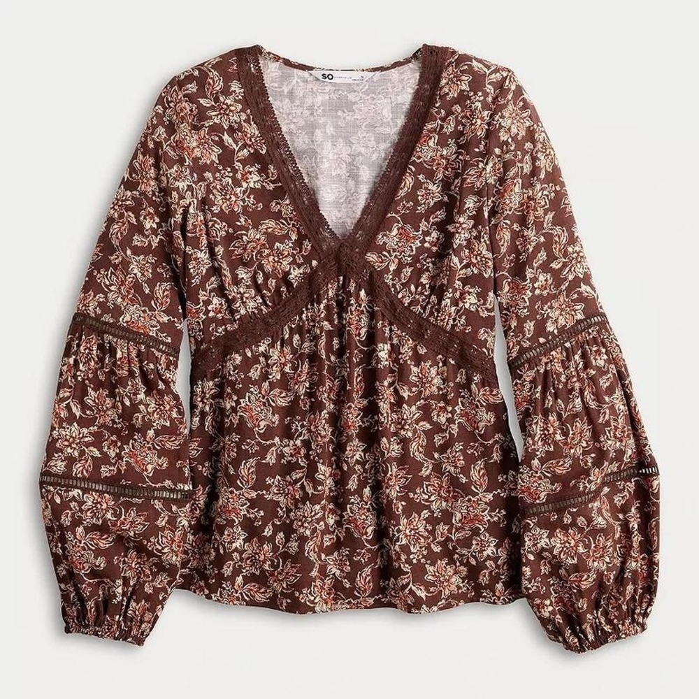 NWT Babydoll Top V Neck Top Floral Small Chocolate Brown